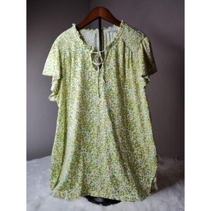 Rose and Olive Women's 1X Flutter Sleeve Keyhole Shirt Fun Floral Green Blouse